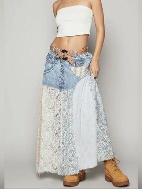FABULOUS POL- A LINE PATCH DENIM BOHO MAXI SKIRT